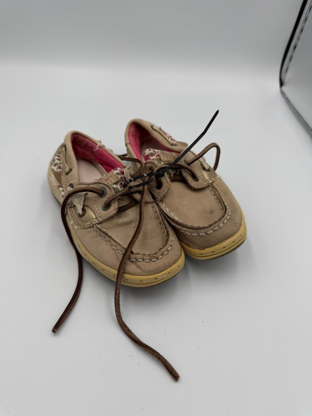 Sperry Toddler Girls 10.5 Tan Leopard Cheetah Moccasin Boat Shoes Pink Lining - Picture 1 of 8